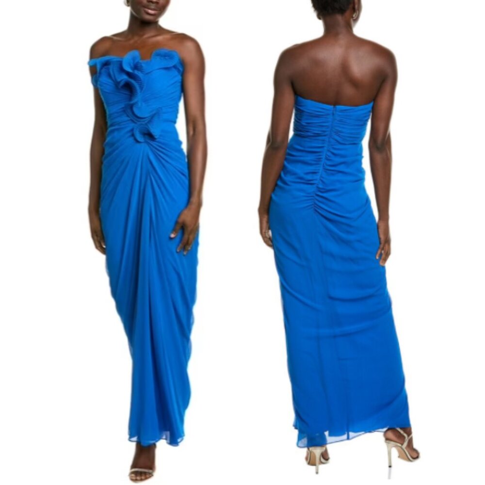 BADGLEY MISCHKA Drape Ruffle Gown Strapless cobalt blue